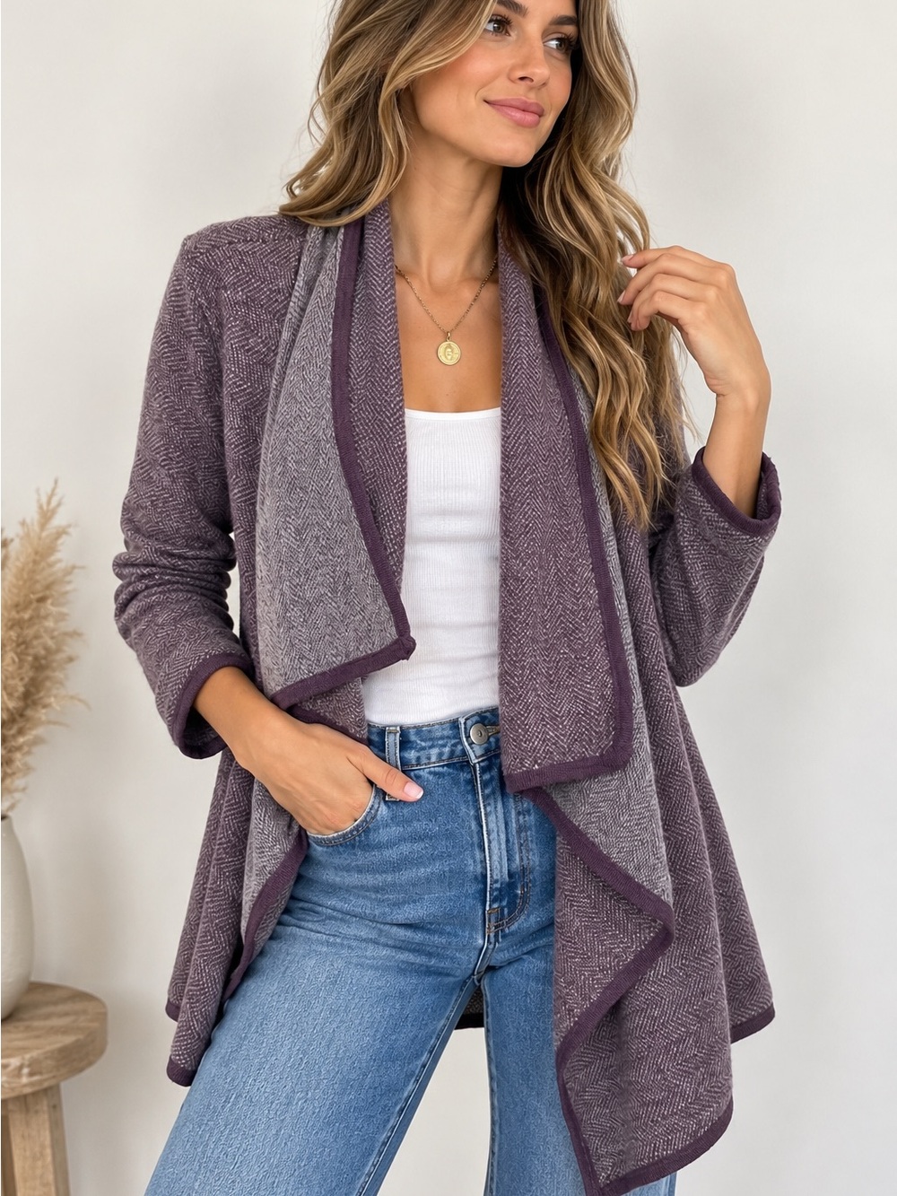 Elena Solano Open-Front Purple M Herringbone 100% wool Women's Sweater Cardigan